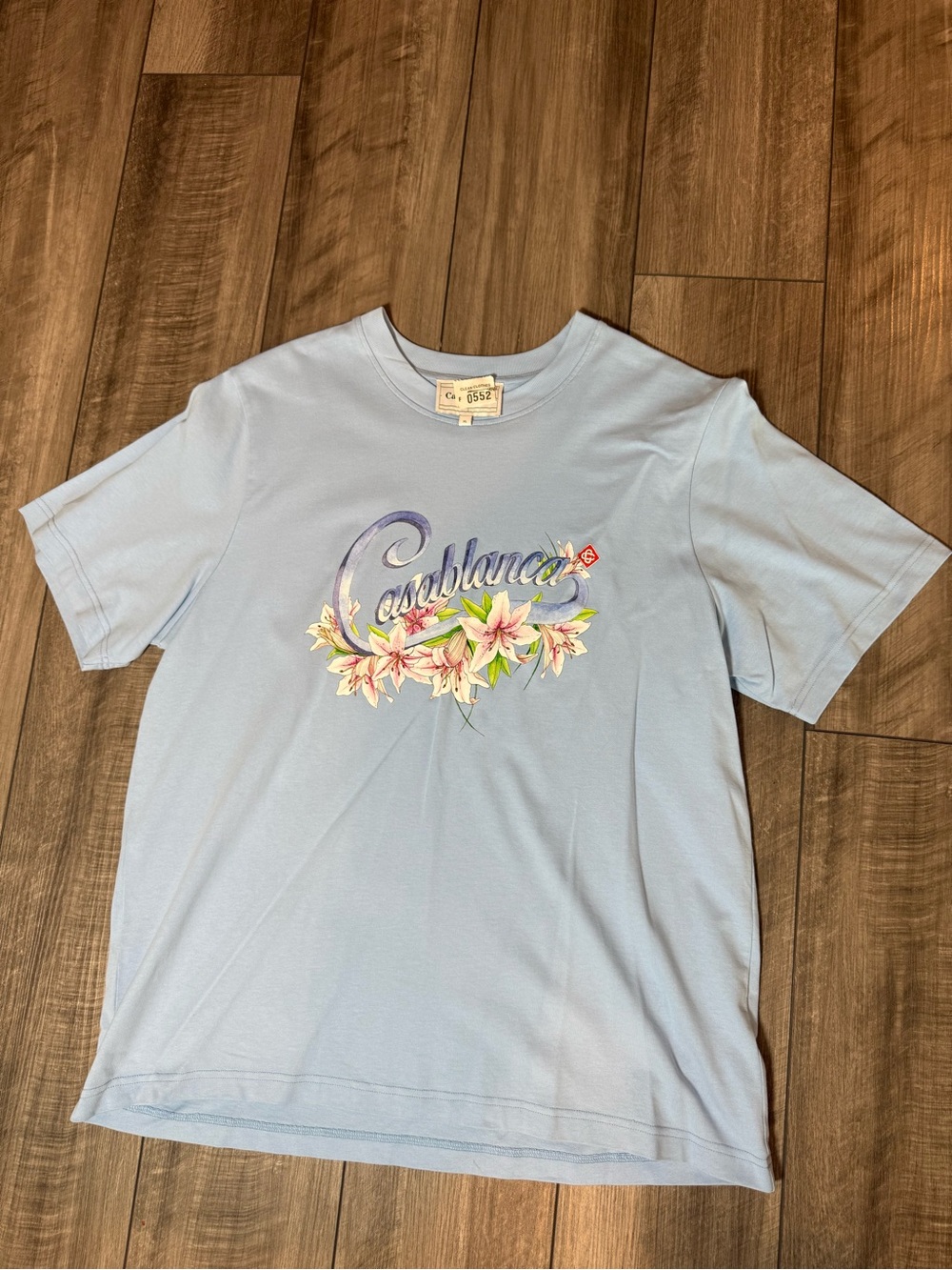 Casablanca Light Blue Floral Script Short Sleeve Tee
